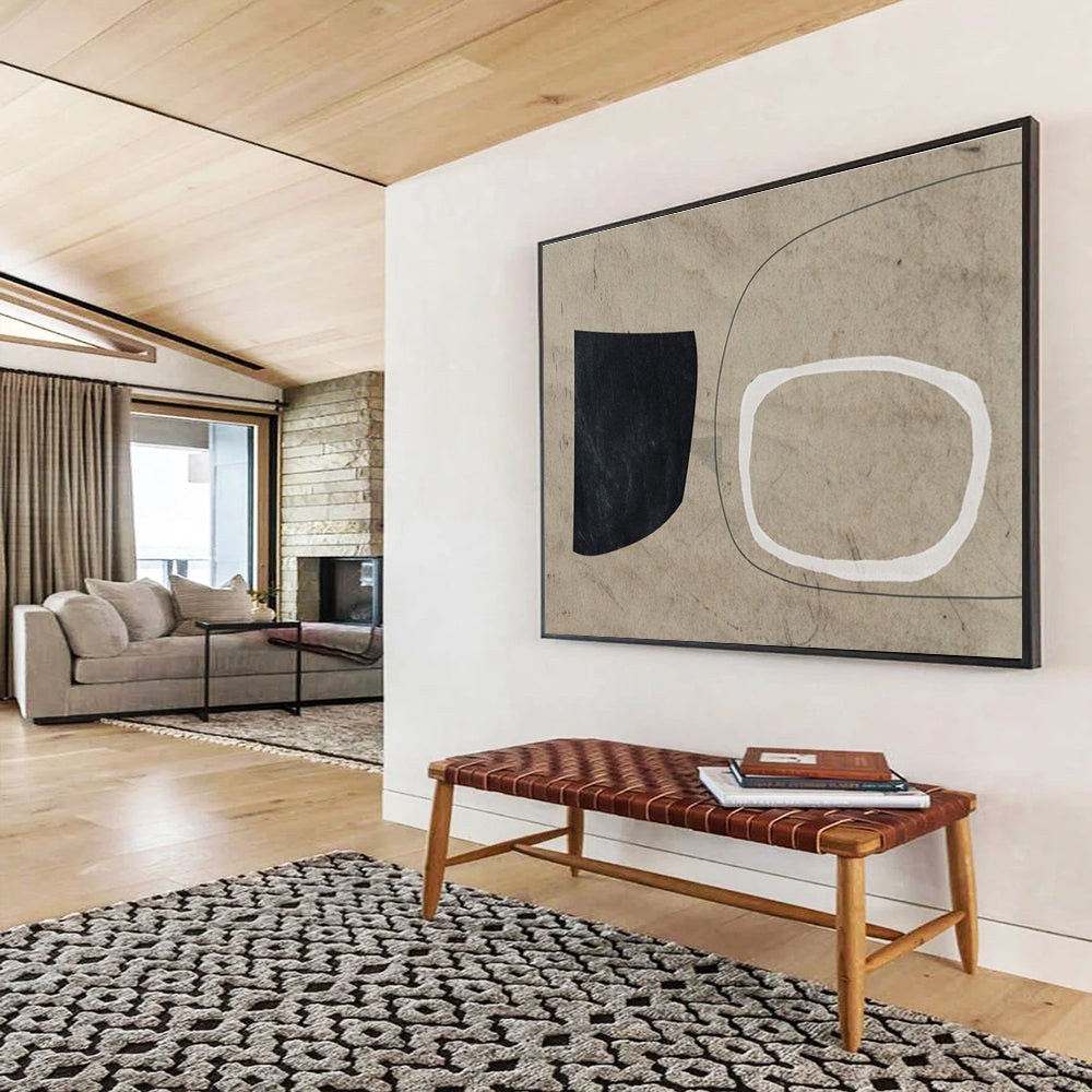 Neutral Toned Abstract Painting with Black White and Beige THY113