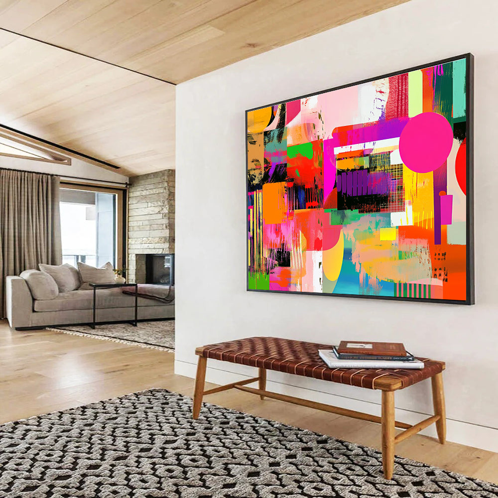 Large abstract artwork featuring vibrant colors and bold contrasts with dynamic shapes and patterns, reminiscent of pop art influences.SC461
