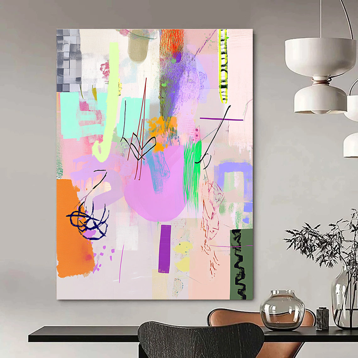 A large abstract painting featuring light pink purple and green shapes with line art and textures in a playful collage-inspired style.STSC1042