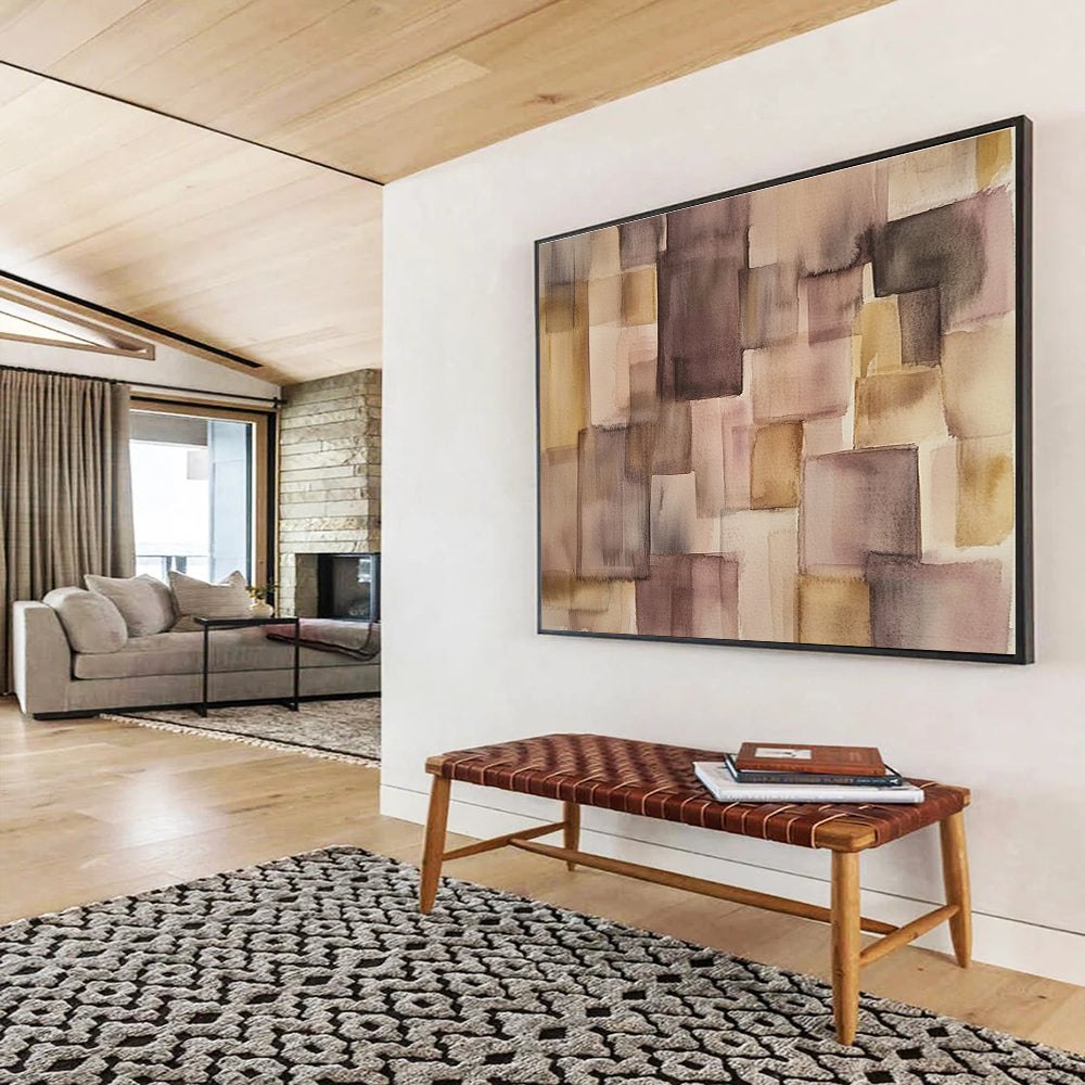 Large abstract watercolor artwork in soft pastel earth tones featuring a minimalistic patchwork design with an open central space ideal for modern decor.SC620