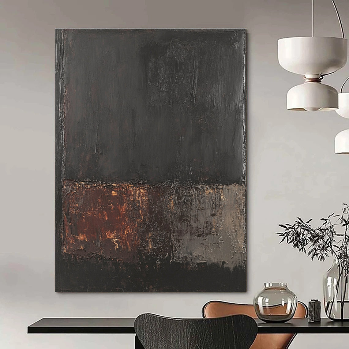 Large abstract painting in dark gray and brown inspired by Rothko with textured oil paint on a black background created using a palette knife.STSC621