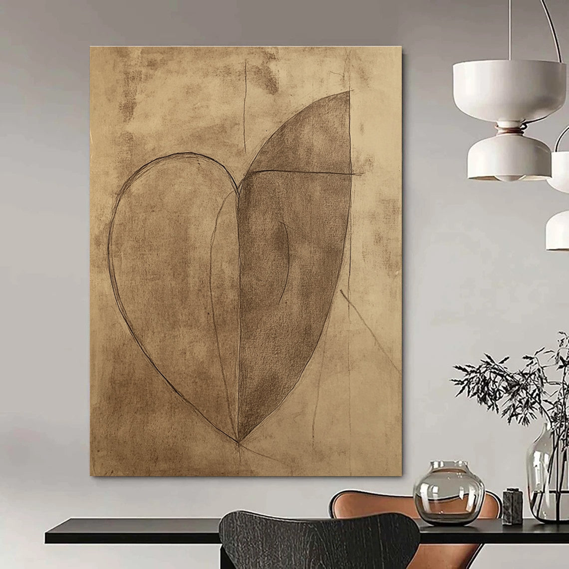 Large abstract heart drawing on brown paper featuring a continuous line shaped like a half-moon.STSC983