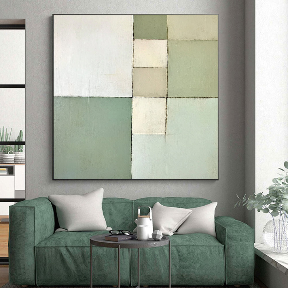 Green and White Abstract Painting with Geometric Harmony GER172