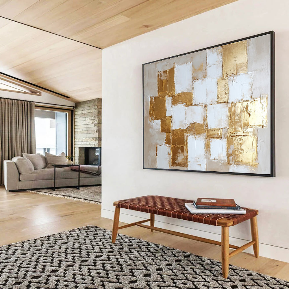 Gold and White Geometric Abstract Painting with Textured Squares DYP451