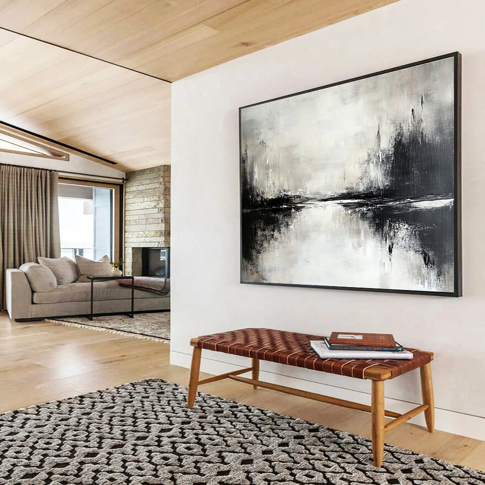 Monochromatic Landscape Abstract Painting with Shades of Gray and Black DYP217