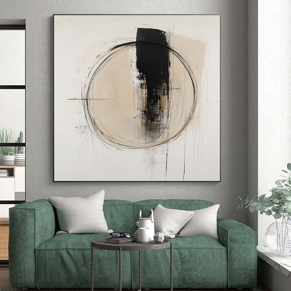 Beige Black Abstract Painting with Minimalist Circles GER784