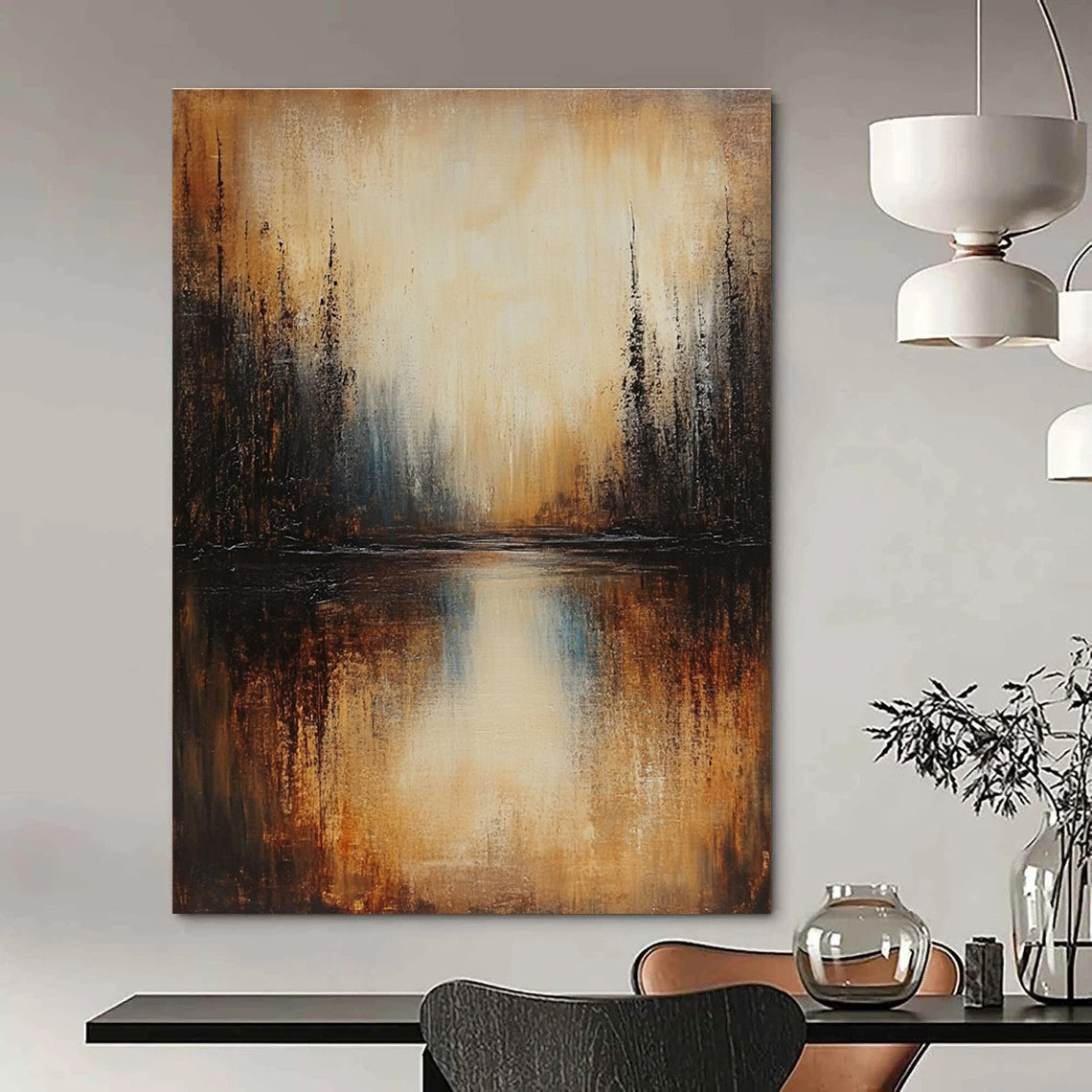 Large abstract painting of a lake with dark beige trees in brown and grey tones under low lighting creating a serene atmosphere.STSC168