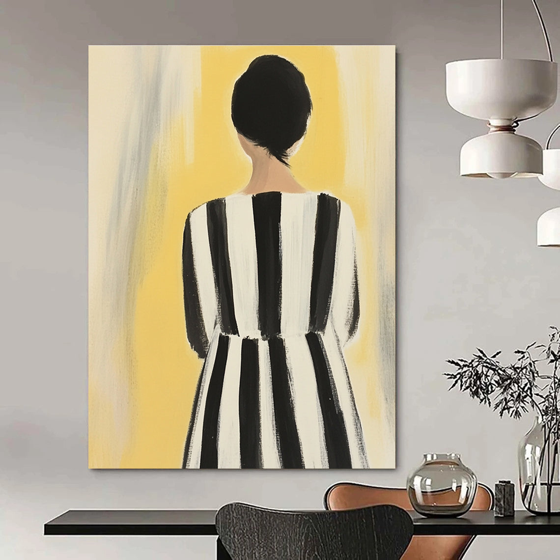 An abstract painting of a woman in a striped dress showcases feminine colors against a soft yellow background with bold black and white stripes.STSC1259
