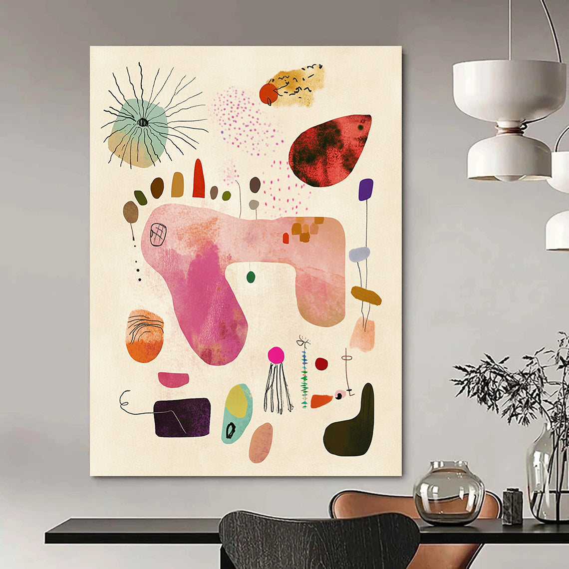A large abstract painting featuring whimsical shapes and textures in soft pastel colors evoking joy and a carefree spirit on light beige paper.STSC1236