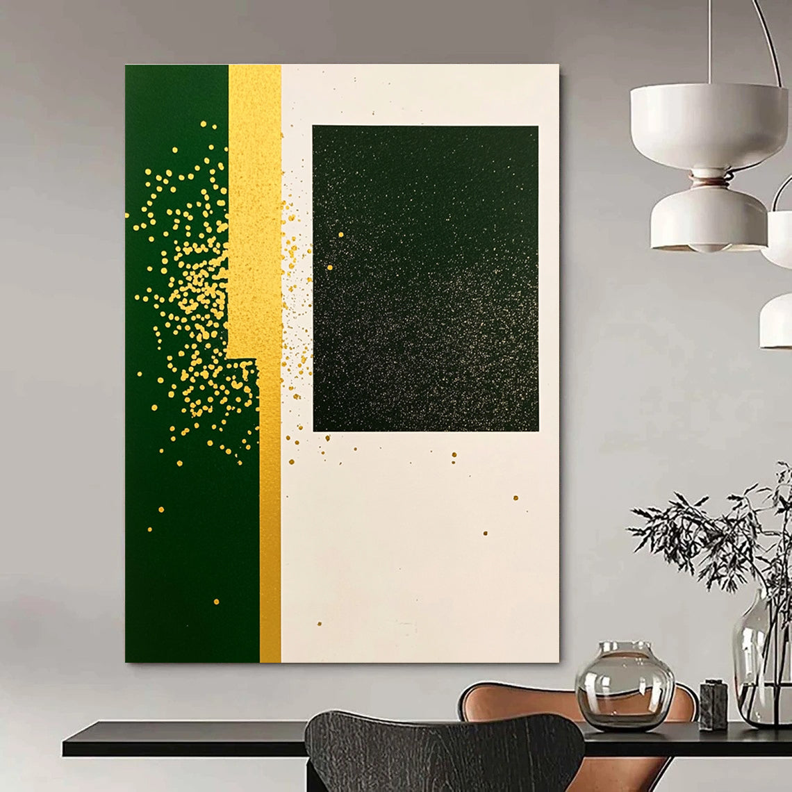 A large abstract painting featuring green rectangular paper with yellow speckles and gold glitter in a minimalistic collage style with simple shapes.STSC1011