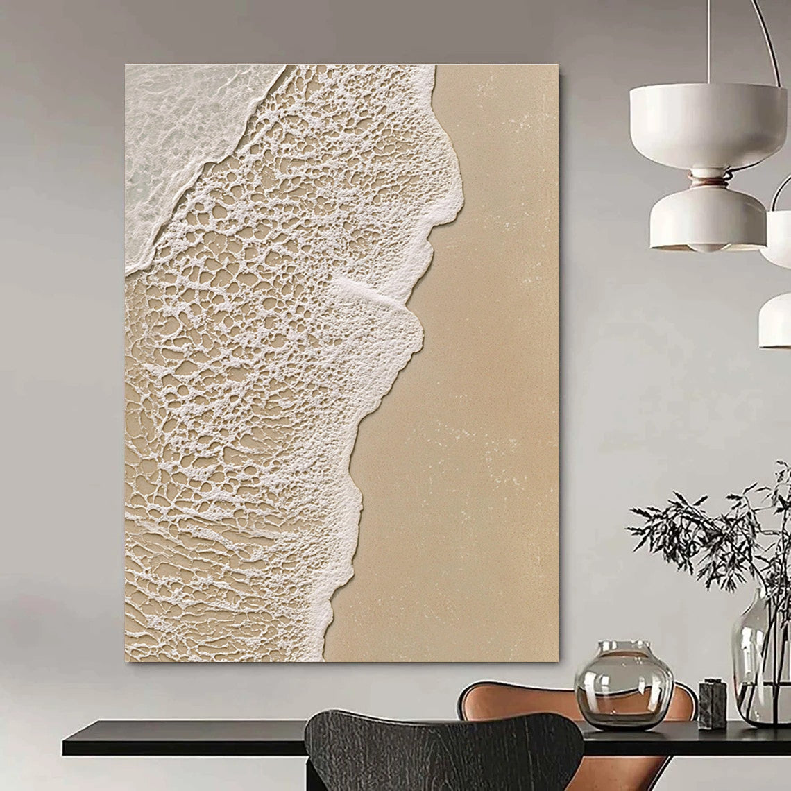 Abstract painting of a serene beach scene highlighting intricate textures of sand and water in soothing beige and white tones.STSC953