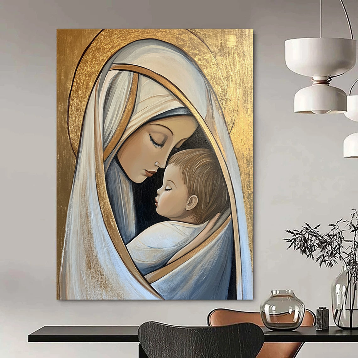 Large abstract artwork of Mary and Jesus in pastel tones on a gold leaf background conveying deep emotional connection and serene beauty.STSC1434