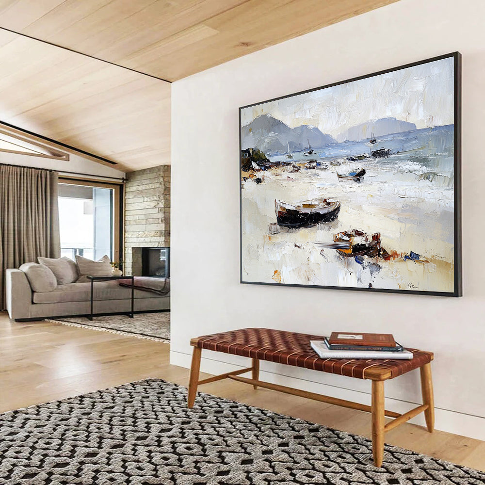 Beach with Boats Impasto Abstract Painting with Light and Neutral Tones DYP602