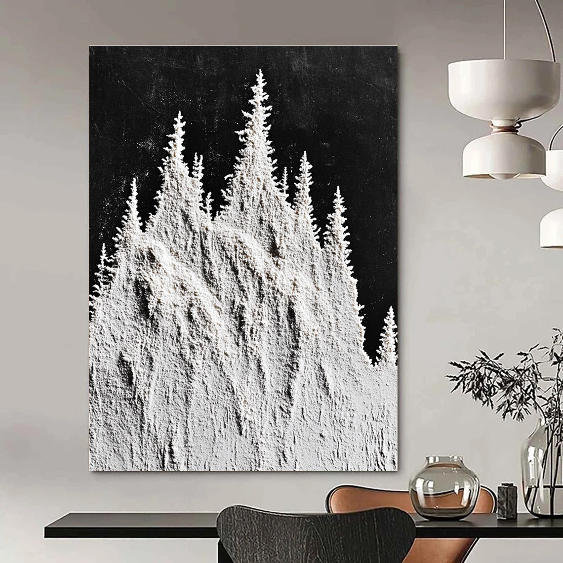 Large abstract painting featuring snow-capped mountain peaks and trees in white powder on a textured black background.STSC1488