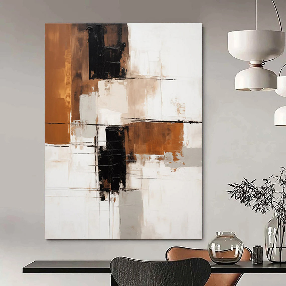 Earth - Toned Geometric Abstract Painting with Brown, Black, and Beige ADGE129