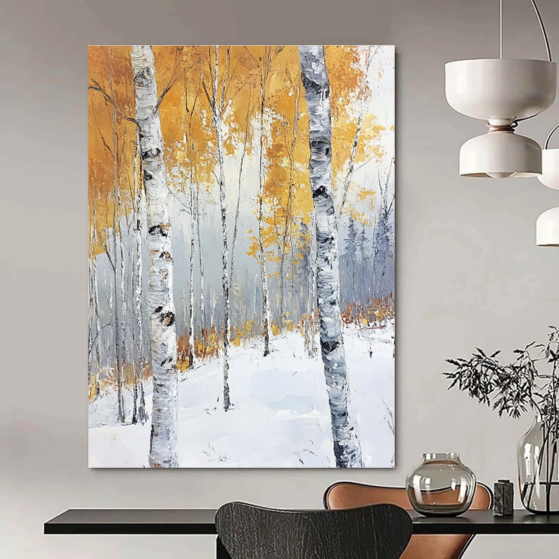 Large abstract painting of birch trees in late autumn with golden leaves against a cool gray background showcasing serene and powerful contrasts.STSC1123