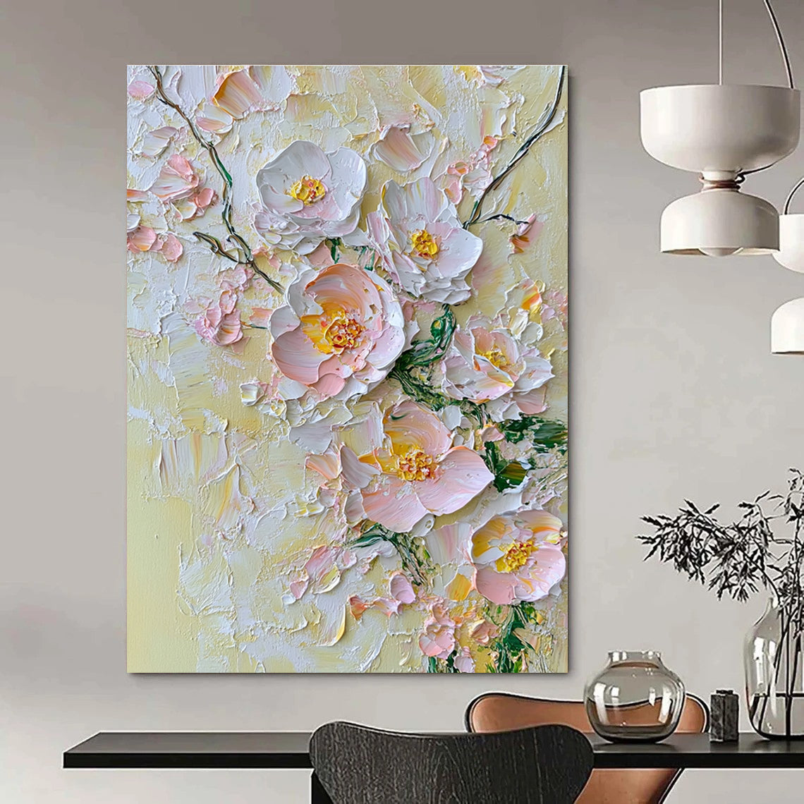 Abstract painting featuring delicate flowers in soft pinks whites and yellows against a pale yellow background with textured oil paint impasto technique.STSC004