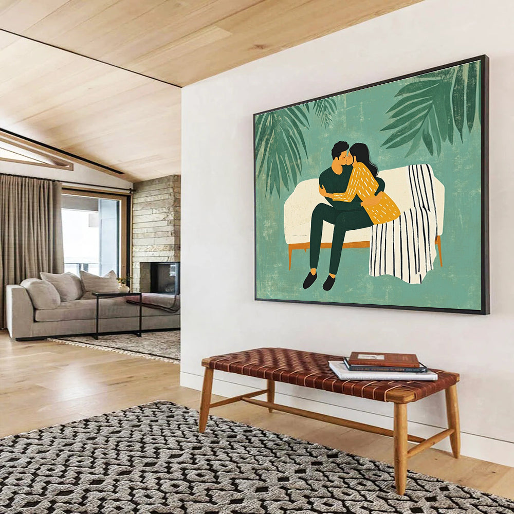 Romantic Couple Abstract Painting with Green and Yellow Tones DYP558