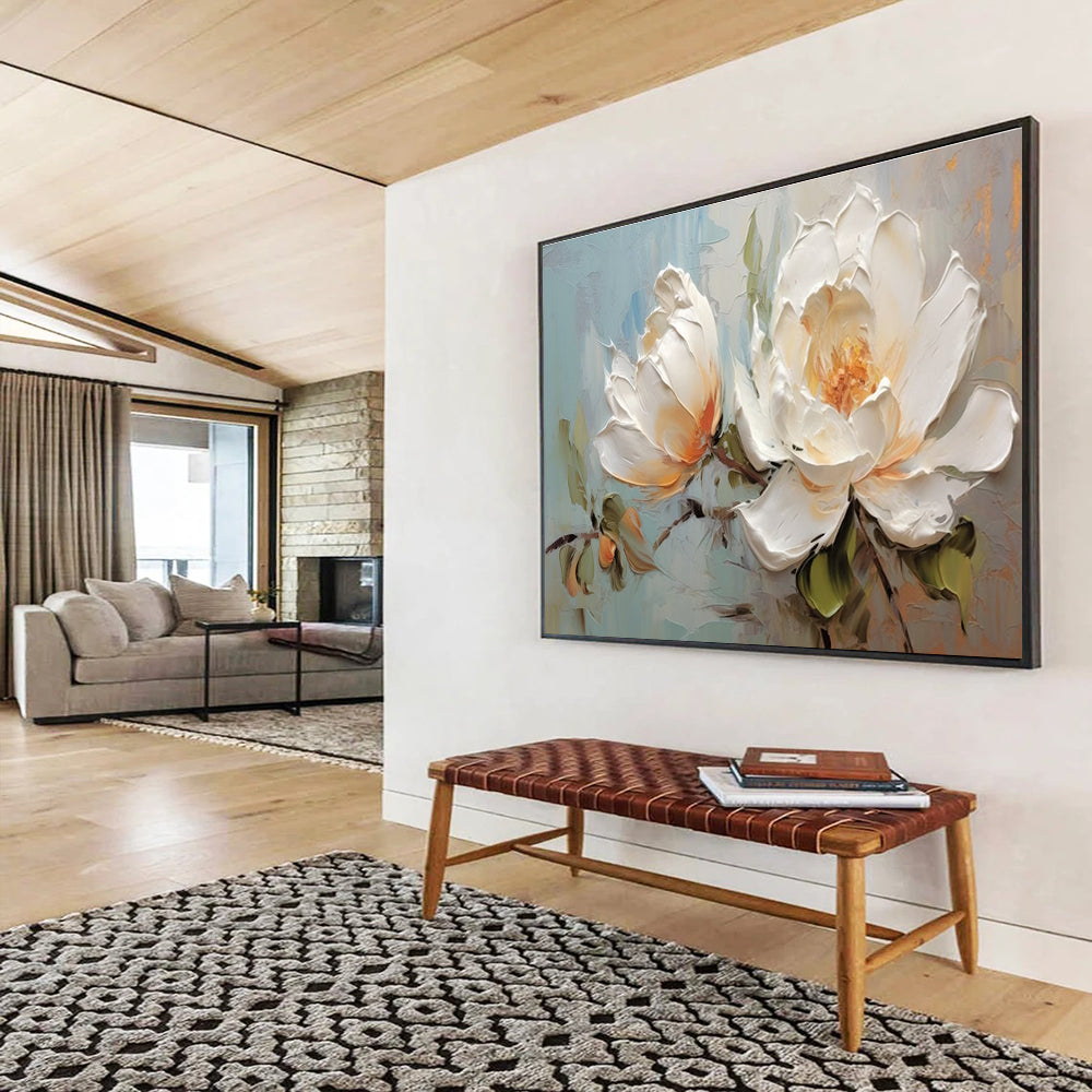 White Peony Textured Abstract Painting with White, Orange, and Green Tones THY174