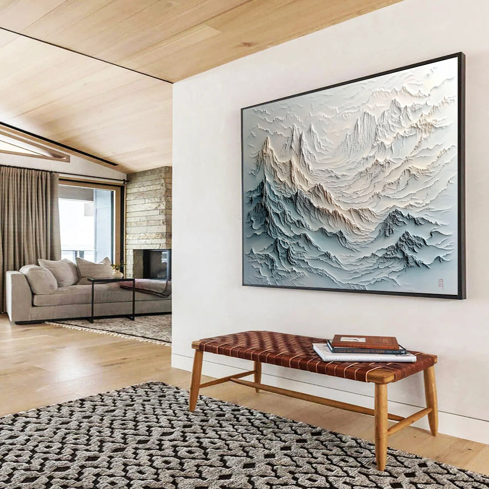Layered Mountain Range Relief Abstract Painting with Gray and Beige Textures DYP620