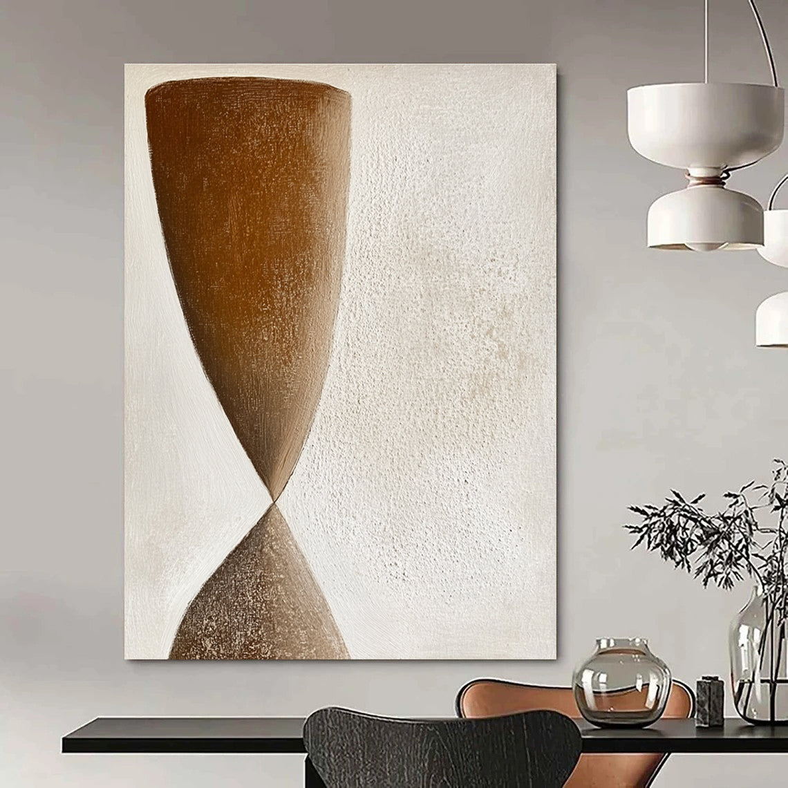 Large abstract painting featuring muted earthy tones and simple hourglass shapes in a minimalist style with soft textured brushstrokes.STSC1239