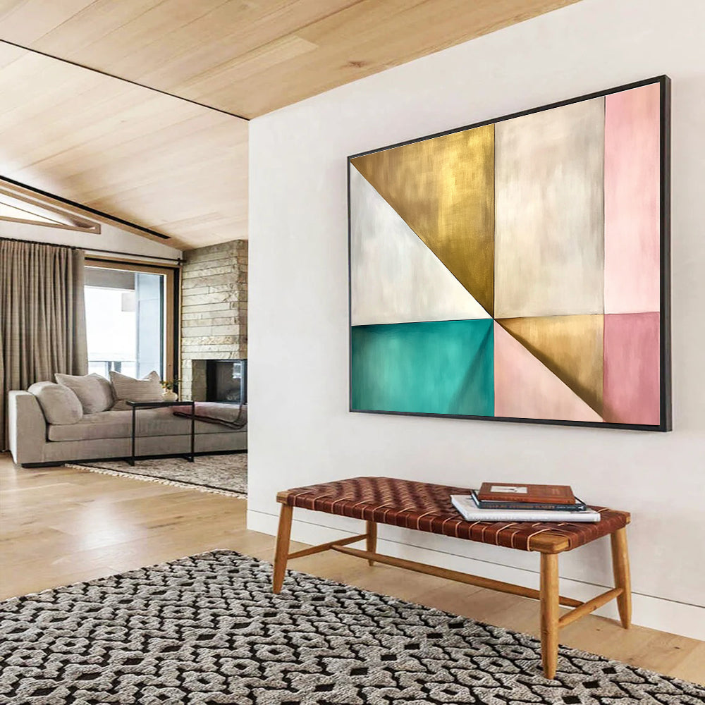 A large abstract painting featuring geometric shapes in white with light brown tones and hints of pale yellow, inspired by Japandi and James Turrell.SC504