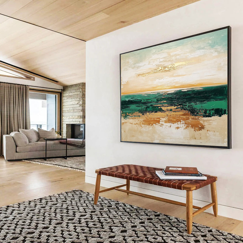 Green Sea Gold Accent Abstract Painting with Layered Horizons DYP265
