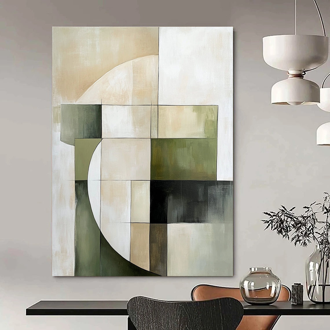 Large abstract painting featuring soft edges geometric forms in green and beige on a neutral background creating an elegant minimalist composition.STSC430