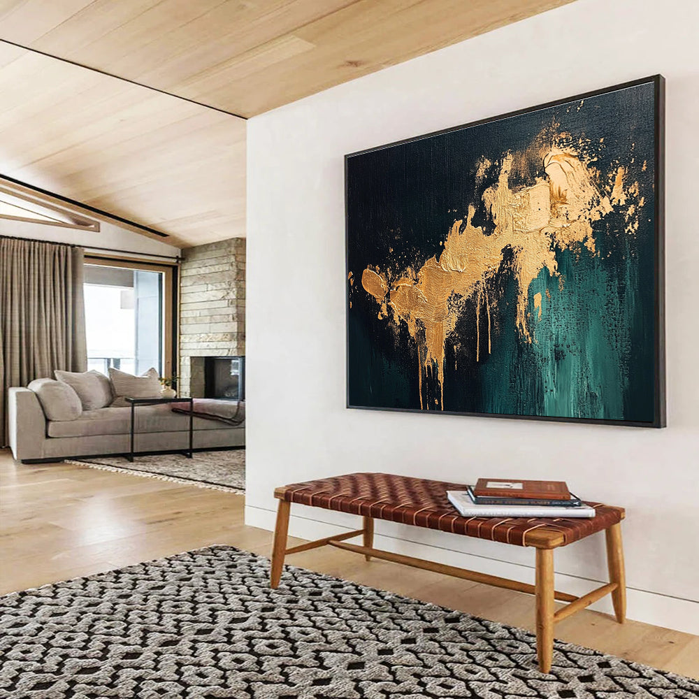 Large abstract painting with gold splashes on dark green background showcasing intricate details and a moody atmospheric feel.SC259
