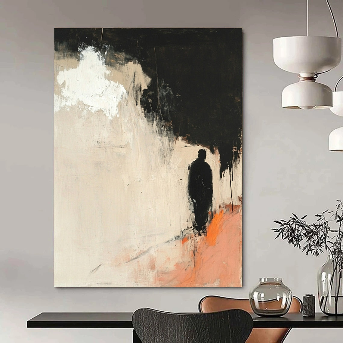 Large abstract painting with minimalist light pink and black hues features a silhouette of an old man and a white cloud with orange highlights.STSC247