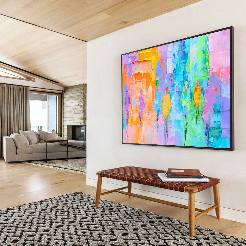 Large abstract painting of a parade featuring pastel colors and expressive brushstrokes in light blue pink green yellow and orangeSC177