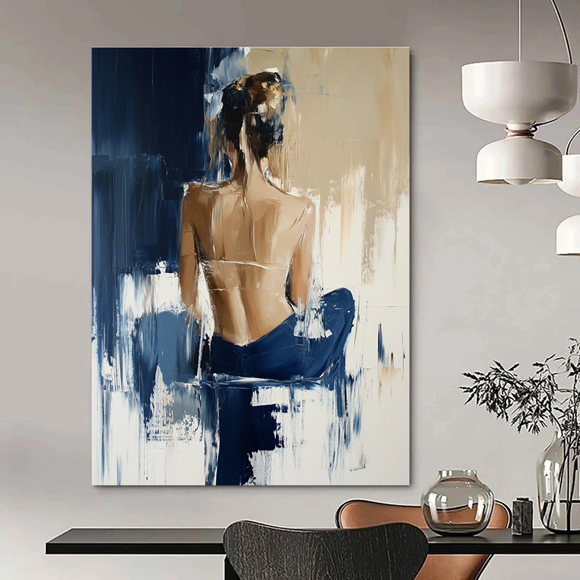Abstract oil painting showcasing a woman in Hunkemöller collection with beige and navy blue tones and expressive brush strokes reminiscent of Richard Schmid.STSC175