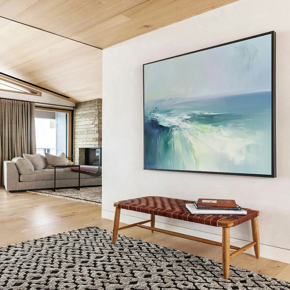 Large abstract painting of the sea with soft blues and greens, evoking a misty morning atmosphere in an ethereal and emotional style.SC047