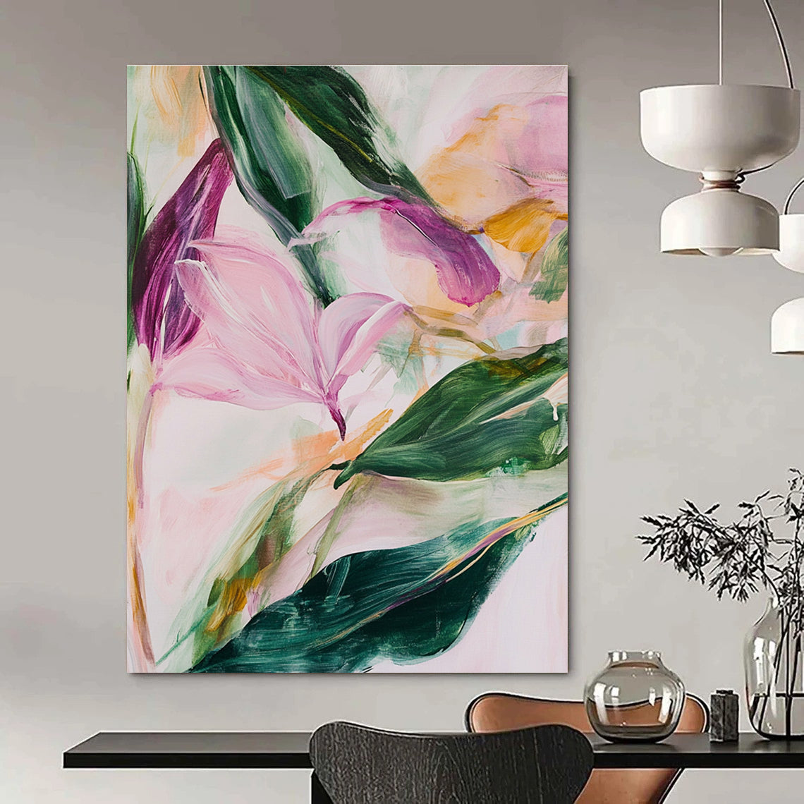 Large abstract painting featuring soft pink and green leaves and flowers with thick brush strokes and a loose style.STSC315