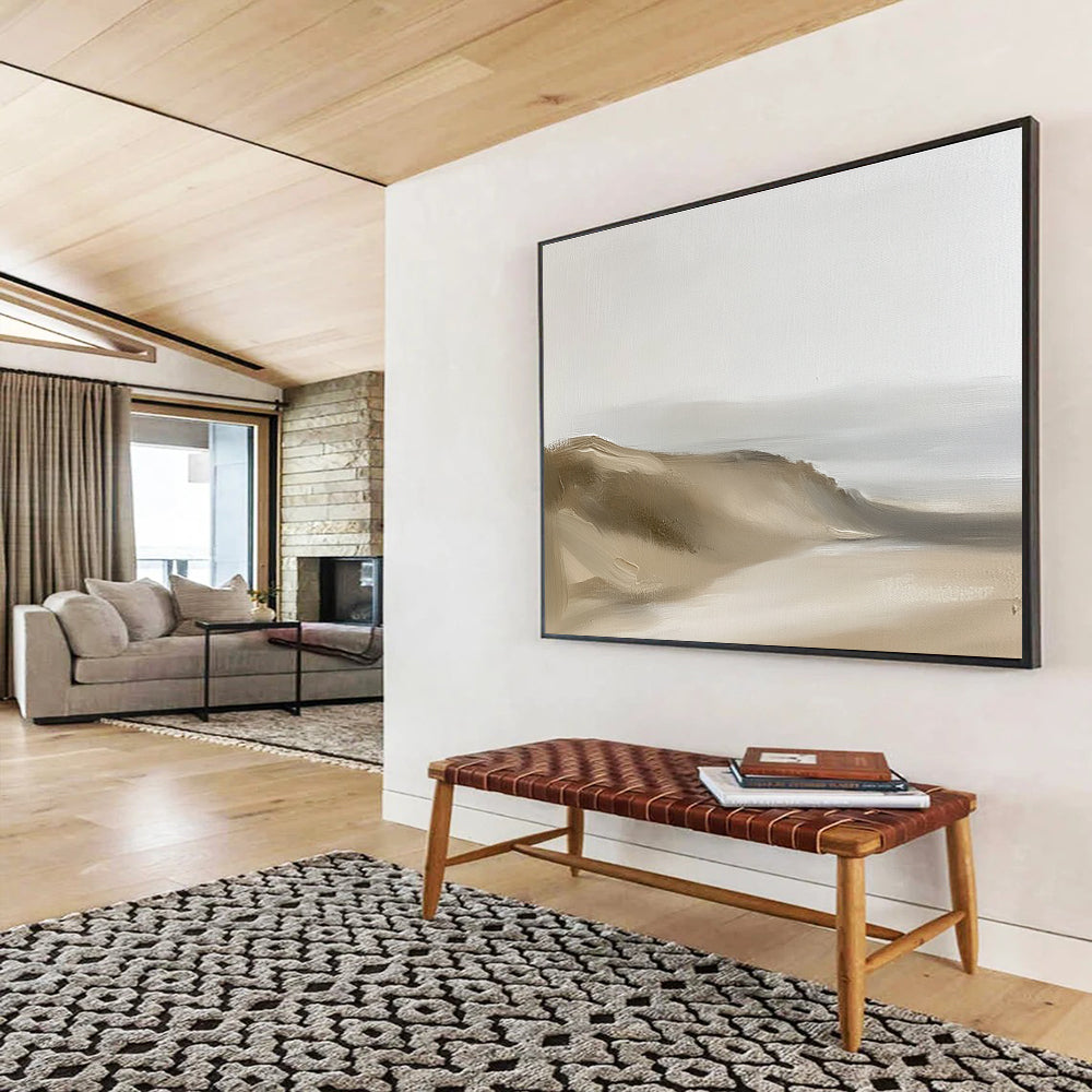 Large abstract painting of minimalist sand dunes in neutral beige and grey tones with thick brush strokes and low-contrast composition.SC598