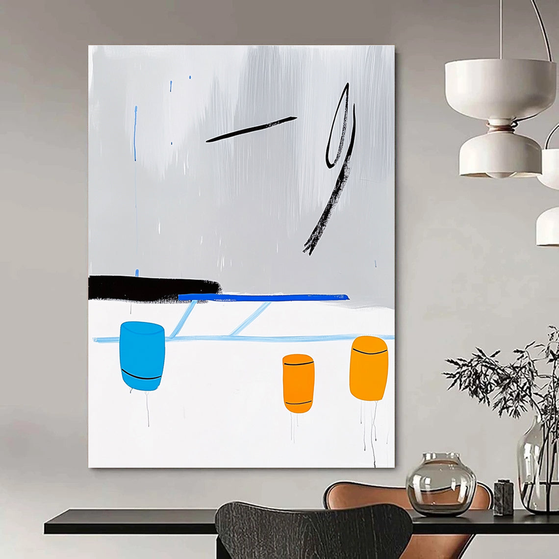 A Large Abstract Artwork Featuring a Minimalist Line Drawing of an Ice Rink with Blue Lines Yellow Barrels and Rainy Grey Sky.STSC1347