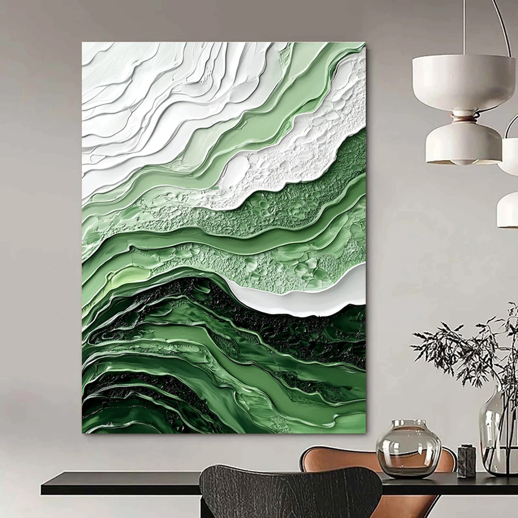 Large abstract painting in shades of green and white features fluid lines and waves with intricate details and a hyper-realistic texture.STSC445