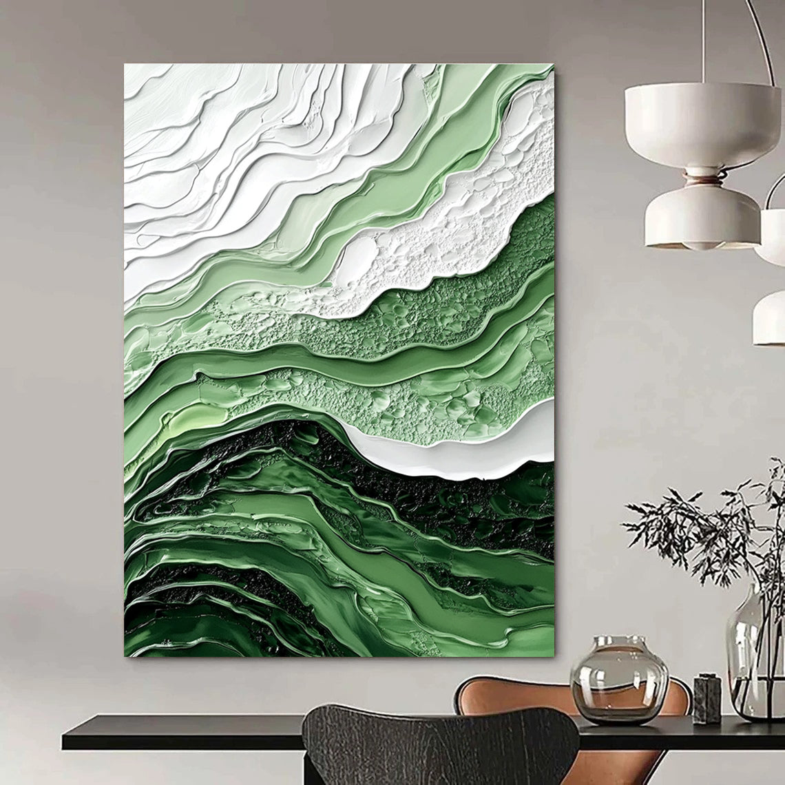 Large abstract painting in shades of green and white features fluid lines and waves with intricate details and a hyper-realistic texture.STSC445