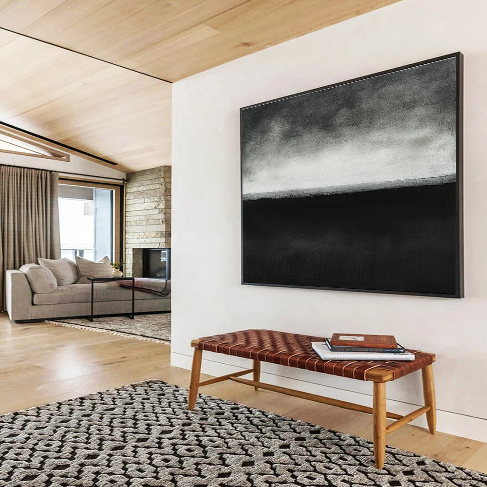 A large abstract painting featuring a dark gray horizon line with white accents, showcasing minimalism and serene elegance in high detail.SC500