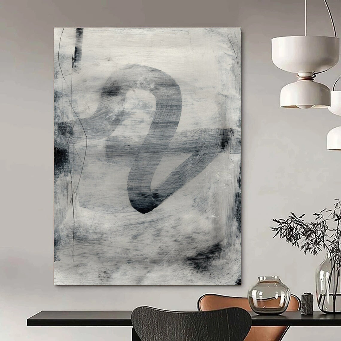 Gray Ink Abstract with Expressive Brushstrokes Painting ADGE189