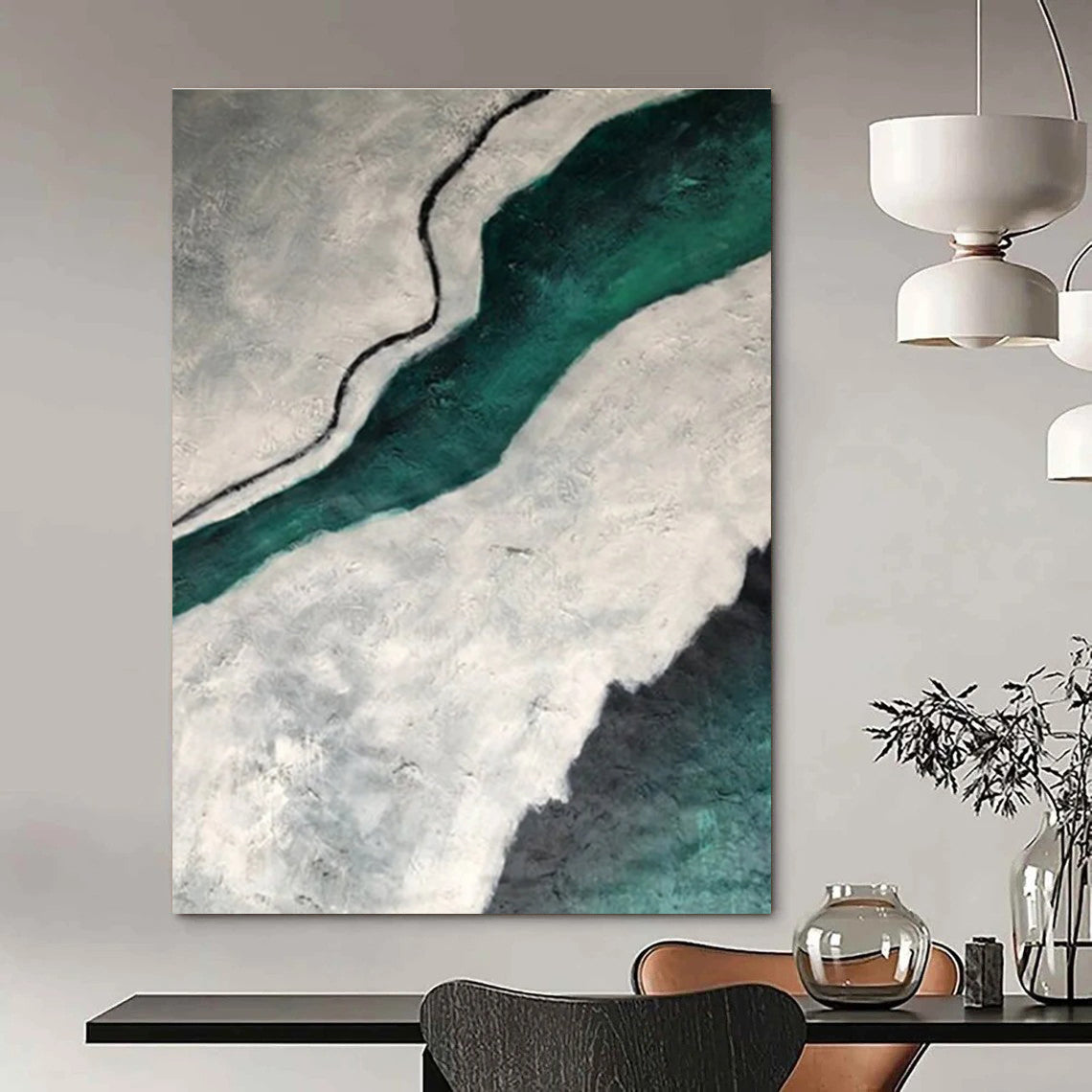 Teal and Gray Textured Abstract Painting with Flowing Forms ADGE403