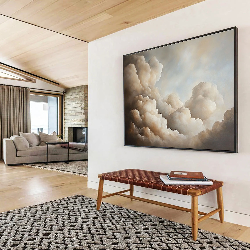 A large abstract oil painting featuring muted-colored clouds that evoke a serene atmosphere and invite deep contemplation.SC541
