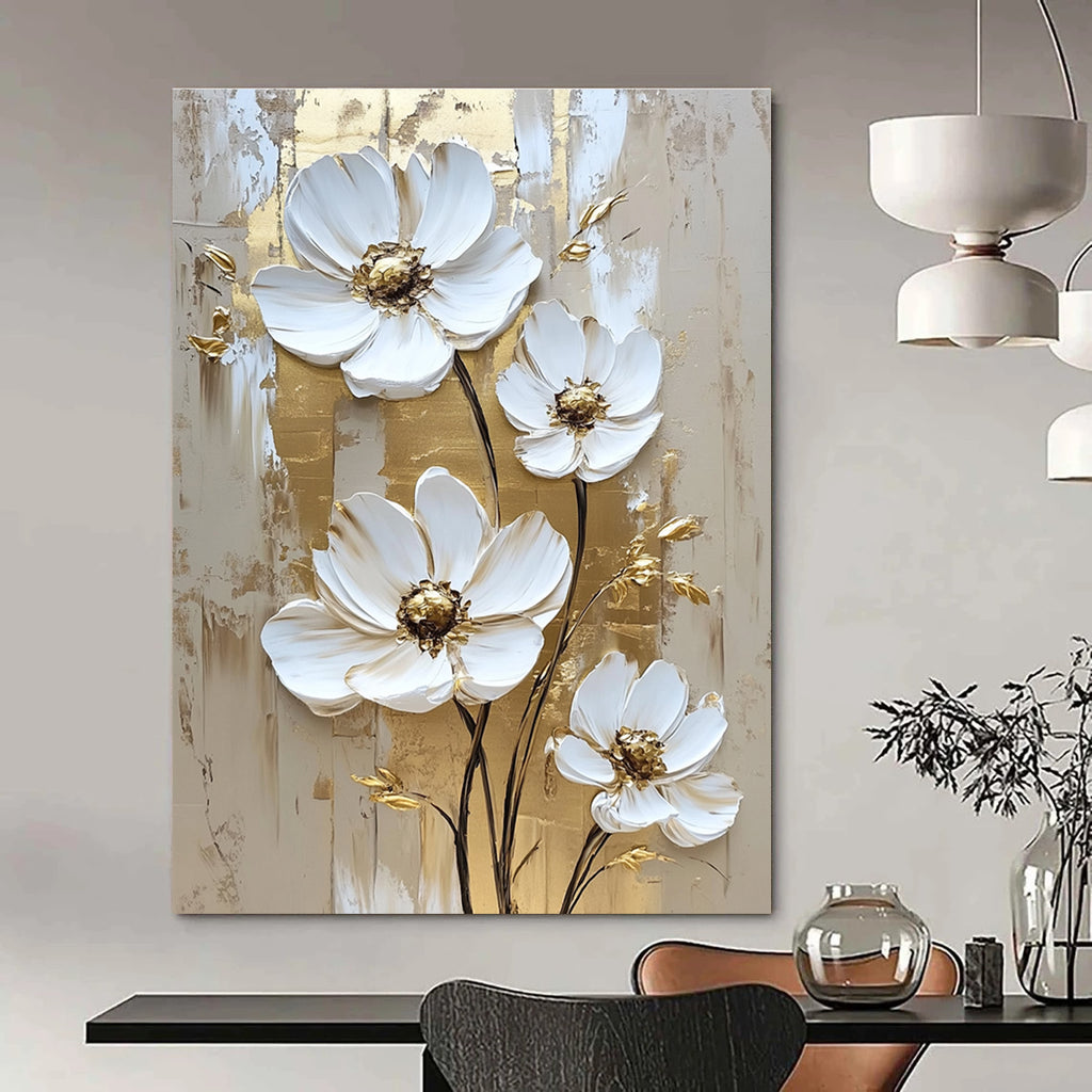 Abstract white daisy flowers with gold accents on a textured background create a stunning wall art painting that elevates any space.STSC510