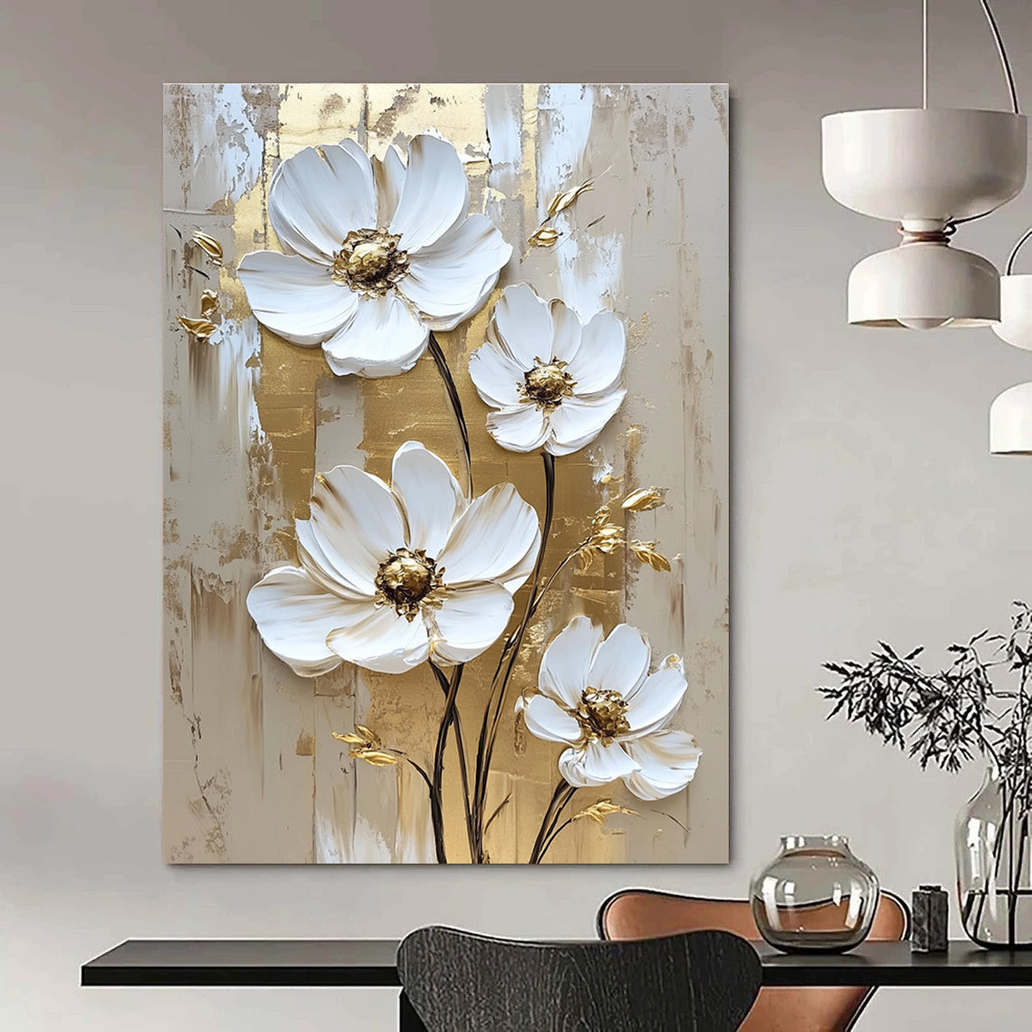 Abstract white daisy flowers with gold accents on a textured background create a stunning wall art painting that elevates any space.STSC510