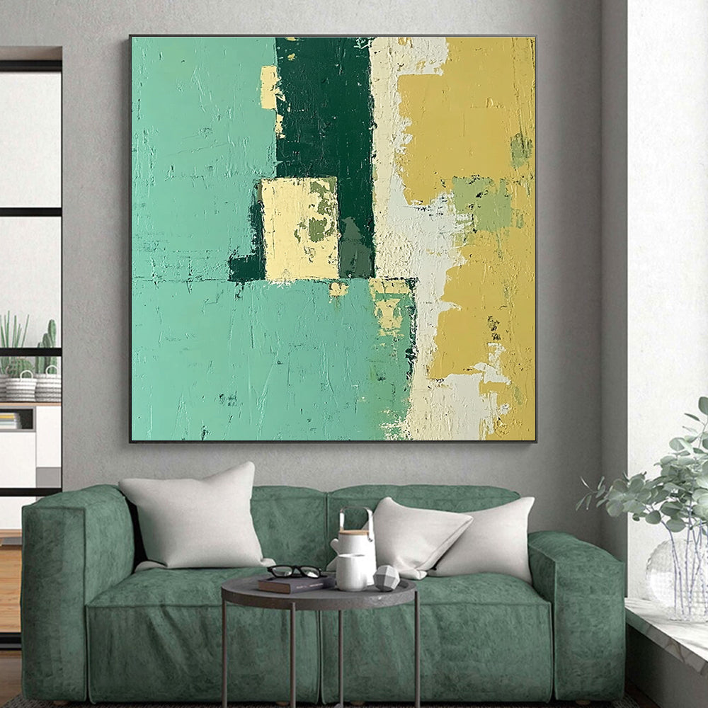 Green and Yellow Abstract Painting with Weathered Surfaces GER108
