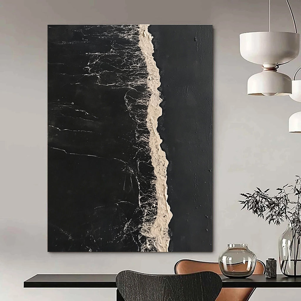Abstract painting featuring a long white line of sea foam on dark water in a minimalist high contrast style inspired by Bawden and Sowa.STSC1044