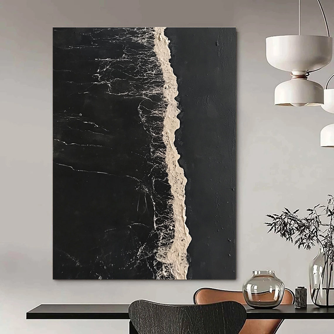 Abstract painting featuring a long white line of sea foam on dark water in a minimalist high contrast style inspired by Bawden and Sowa.STSC1044