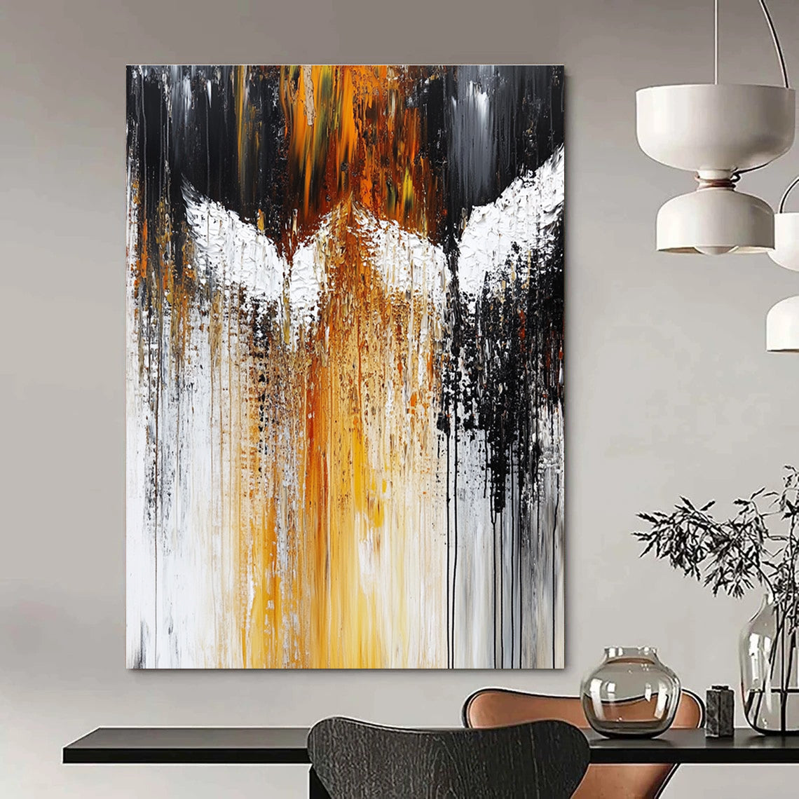Large abstract painting featuring white angels with dark gray and amber hues heavy brush strokes and dripping paint in an expressive style.STSC203