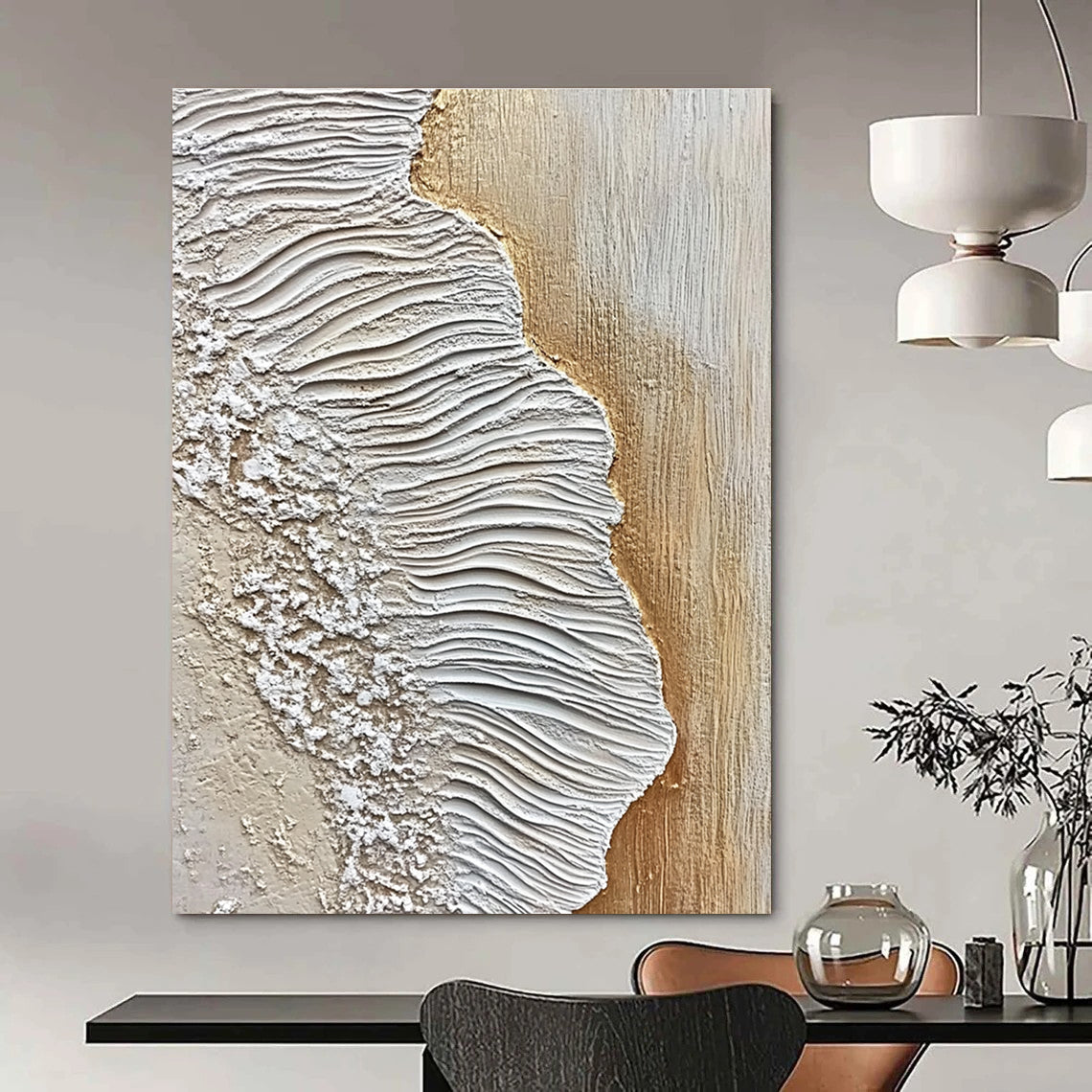 A large abstract painting featuring textured sand and waves in white and beige against an oak wood floor, embodying coastal elegance.STSC946