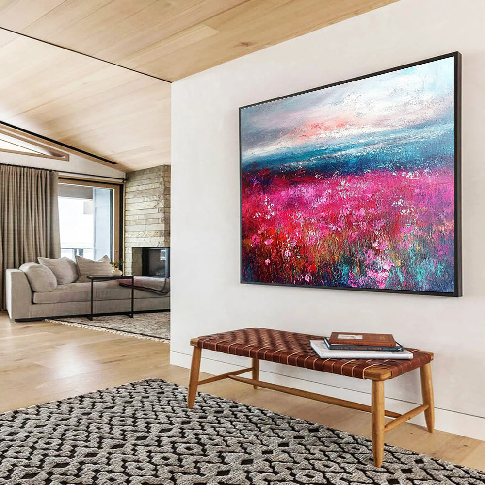 Pink Flower Field by the Sea Abstract Painting DYP472